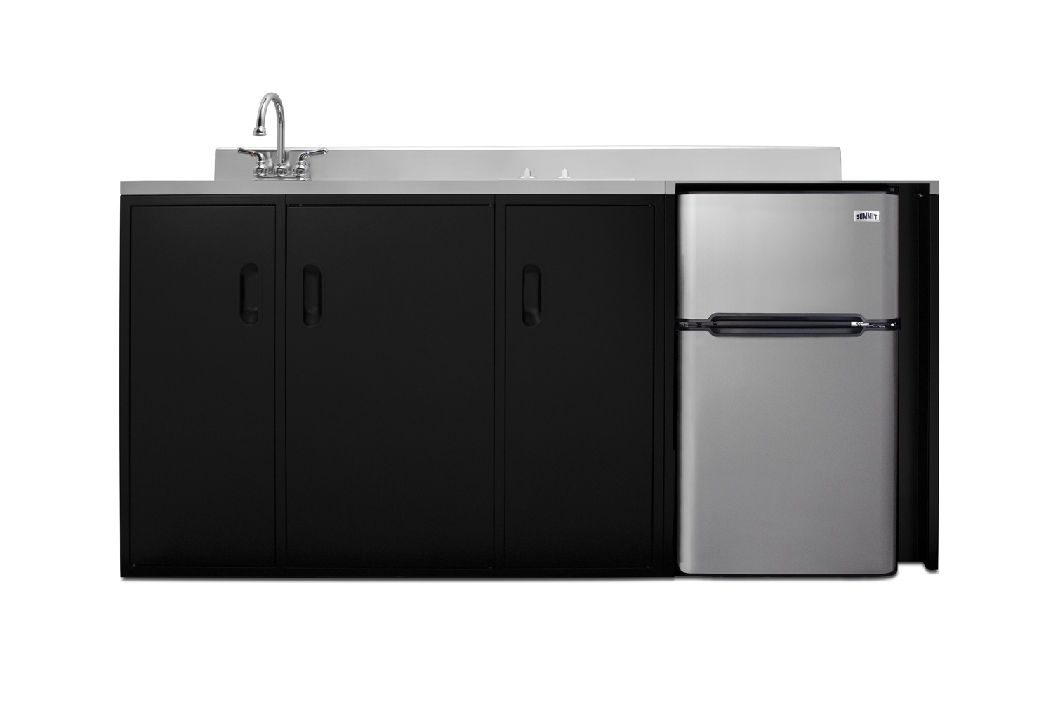 72 inch wide, ADA counter height all-in-one kitchenette in black with a 2-burner 115V smooth top cooktop, 2-door refrigerator-freezer, sink, and three storage cabinets